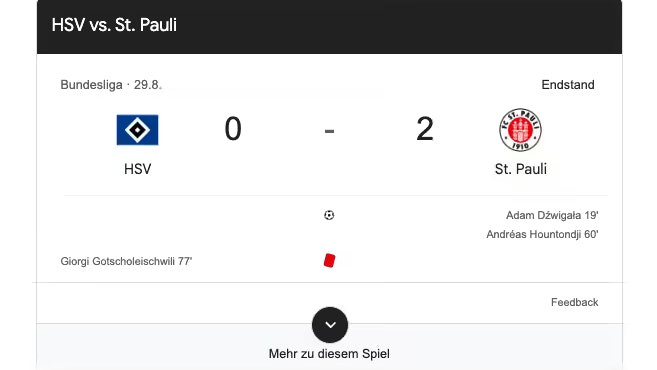 Die Begegnung am 29. August 2025 ging 0:2 für St. Pauli aus.