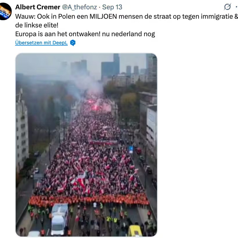 <strong>Irreführend und aus dem Kontext gerissten:</strong> Das gepostete Video ist echt, aber zwei Jahre alt. Und die in der Caption aufgestellte Behauptung enthält Unwahrheiten: In Polen waren keine Million Menschen auf der Straße, um gegen Migranten und die linke Elite zu demonstrieren.