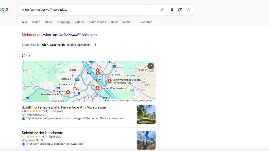 Die Schlüsselbegriffe führen fast direkt zum Spielplatz, auf dem der virale Clip geflimt wurde.