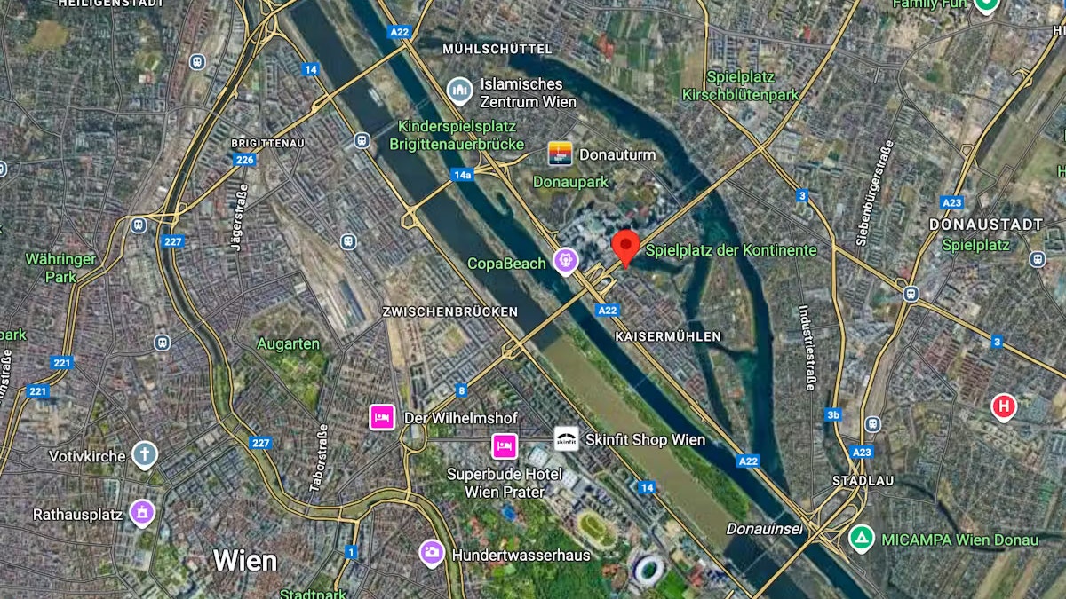 Der Spielplatz der Kontinente liegt direkt am Kaiserwasser im Wiener Stadtteil Kaisermühlen im 22. Bezirk.