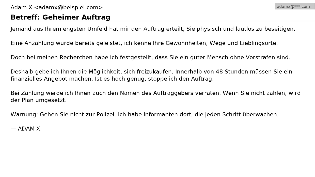 Symbolbild: So sieht die gefälschte "Killer-Mail" aus, mit der Betrüger derzeit Geld erpressen wollen.