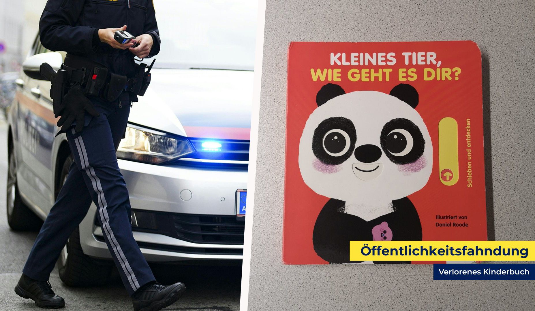Statt Täter im Visier: Die Polizei sucht den kleinen Besitzer dieses Panda-Buches, das bei einer Veranstaltung in Wien zurückgeblieben ist.