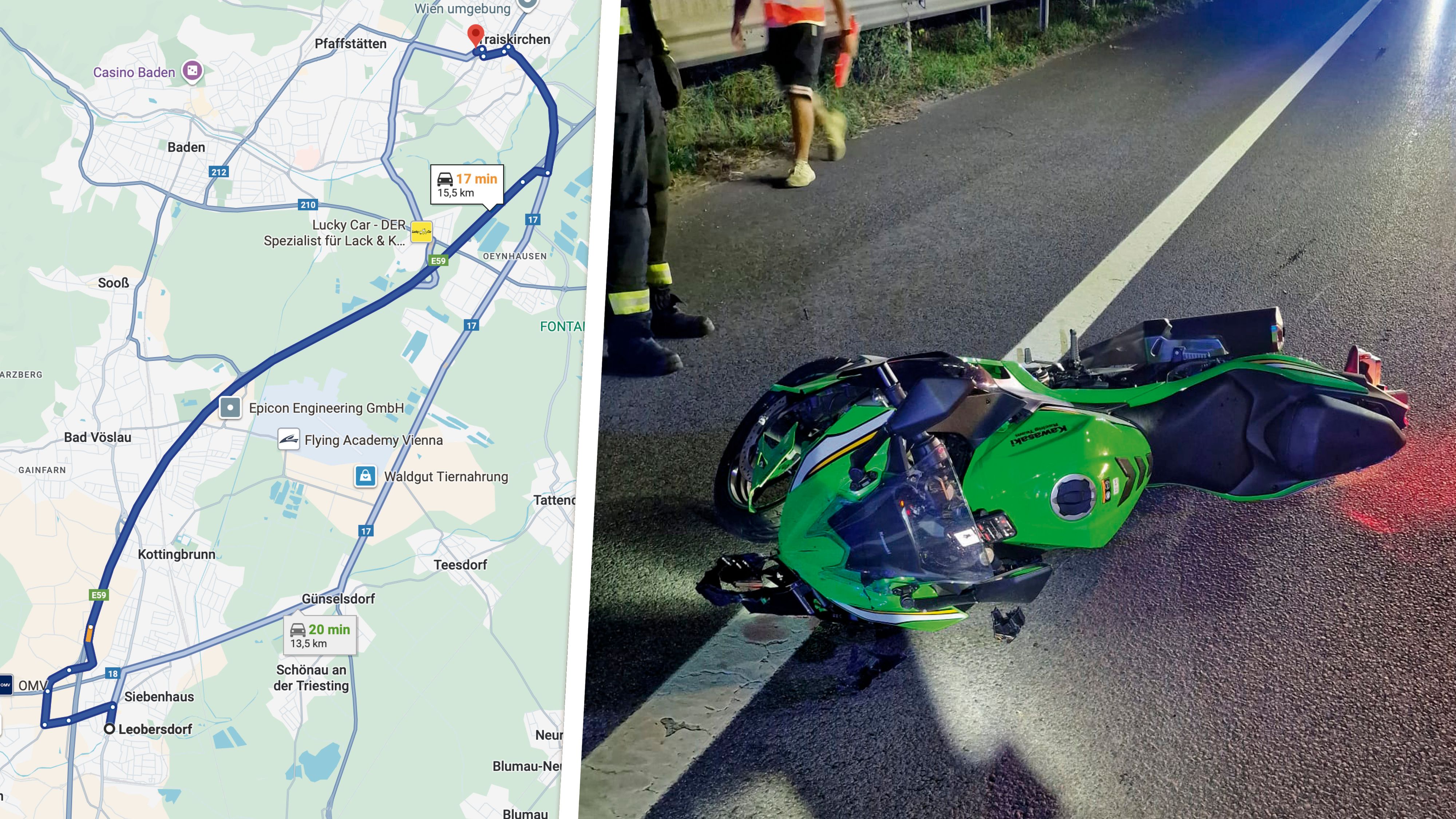 Der Fahrerflüchtige fuhr von Leobersdorf nach Traiskirchen; das Motorrad (r.)