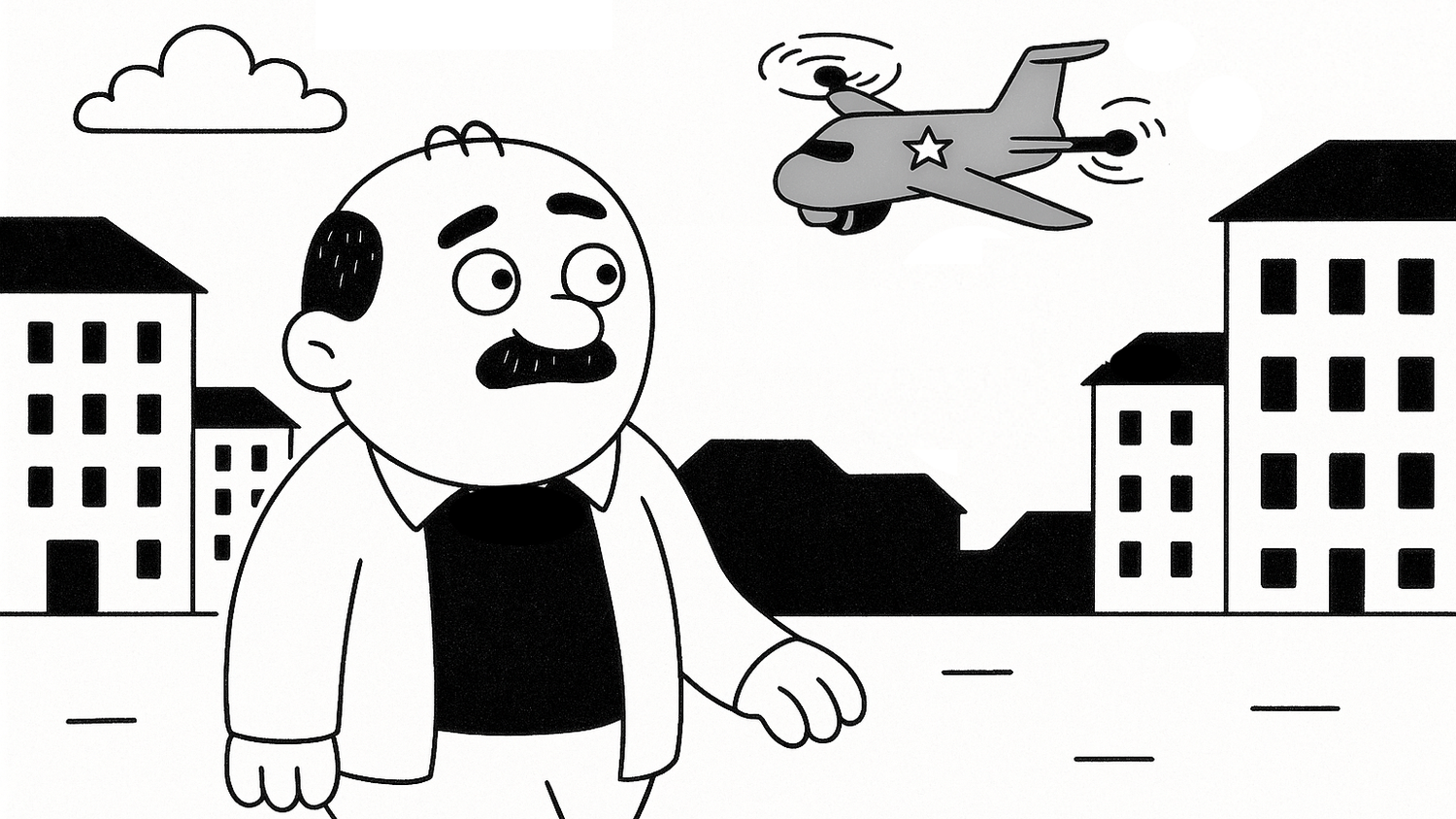 Komischer Kauz: Herlicek entdeckt eine feindliche Drohne am Himmel – und trifft entsprechende Vorsorge.