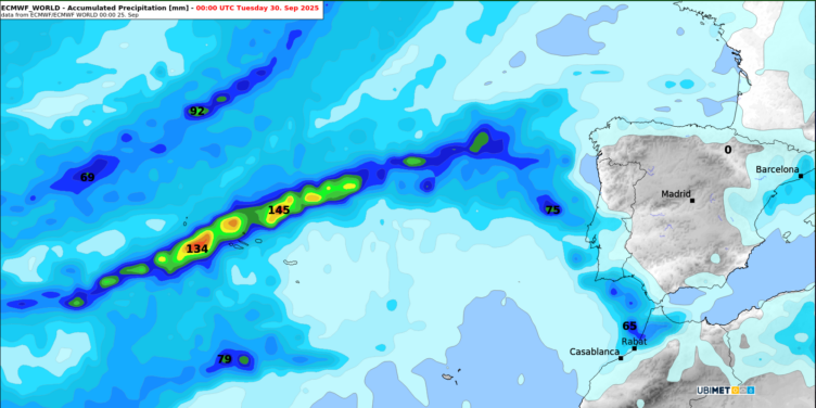 Prognose der Niederschlagssumme entlang der Zugbahn von "Gabrielle" bis Montag