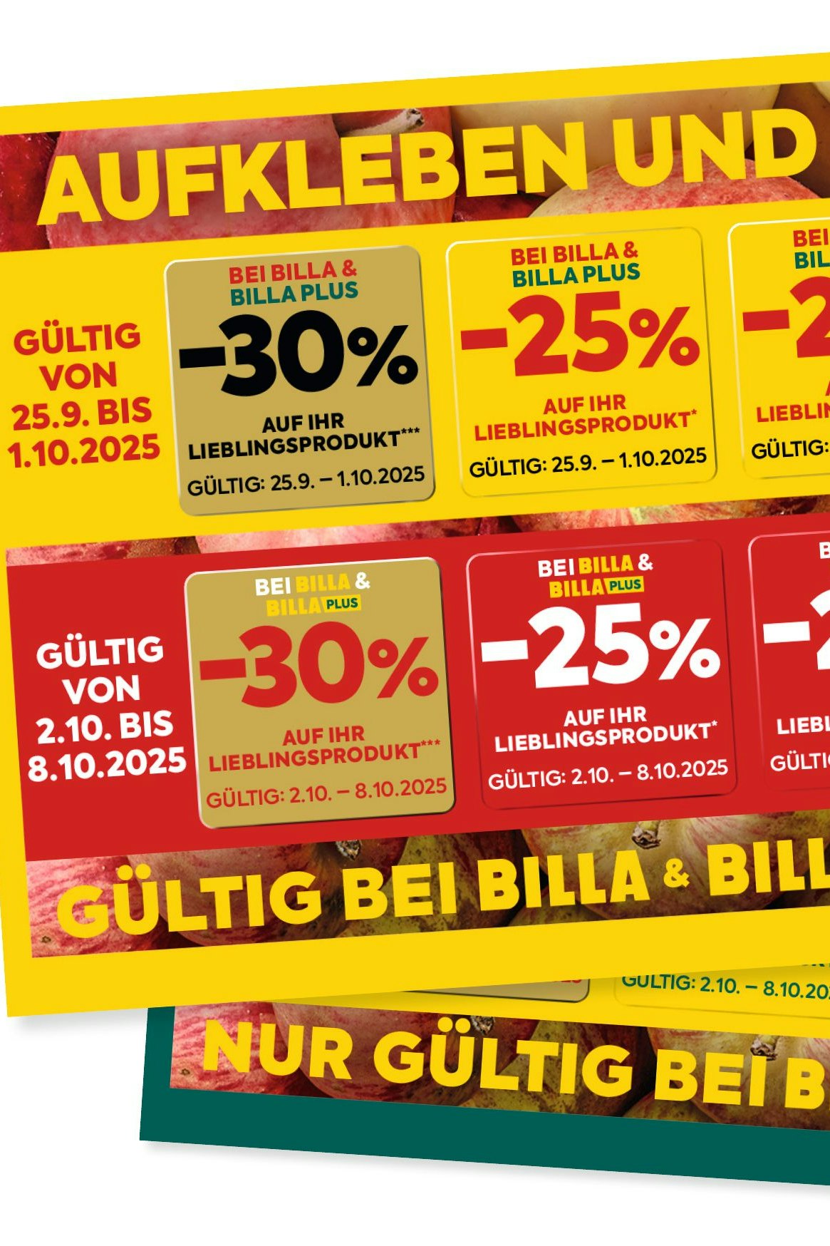 Die neuen Billa-Rabattpickerln sehen aus wie die alten – mit dem Unterschied, dass es nun ein 30 Prozent-Pickerl sowie eines für 5 Prozent auf Clever-Produkte gibt