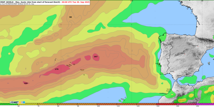 Prognose der maximalen Windböen entlang der Zugbahn von "Gabrielle" bis Montag