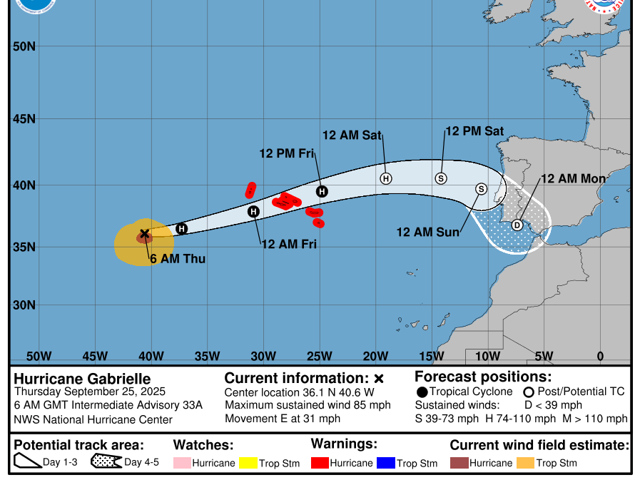 Prognose der Zugbahn und der Stärke von "Gabrielle" bis Montag – National Hurriane Center (NHC)
