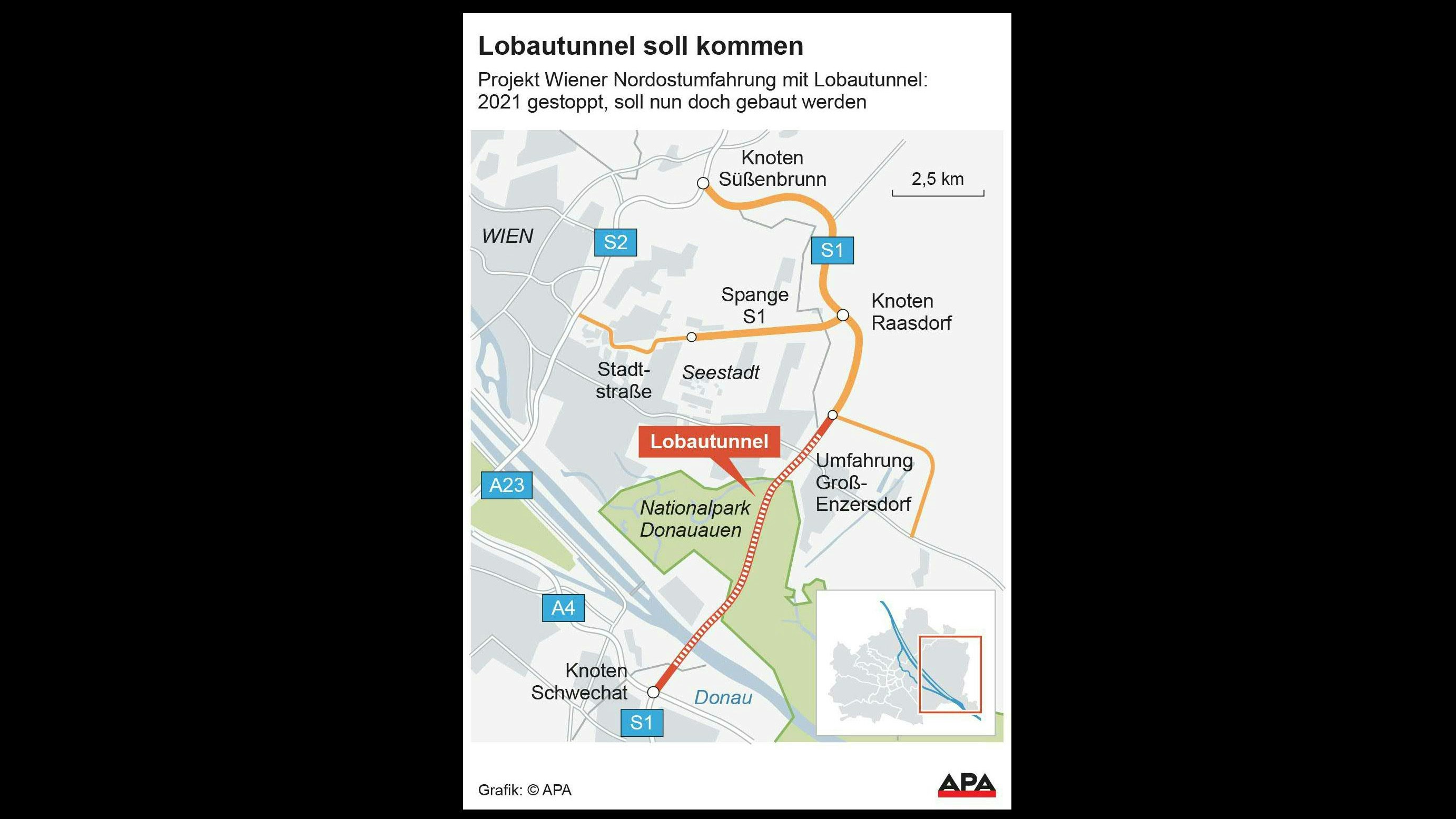 Die Karte zeigt, wo die neue S1 gebaut werden soll: zuerst von Süßenbrunn bis Groß-Enzersdorf – später der Lobautunnel unter Donau und Nationalpark bis nach Schwechat.