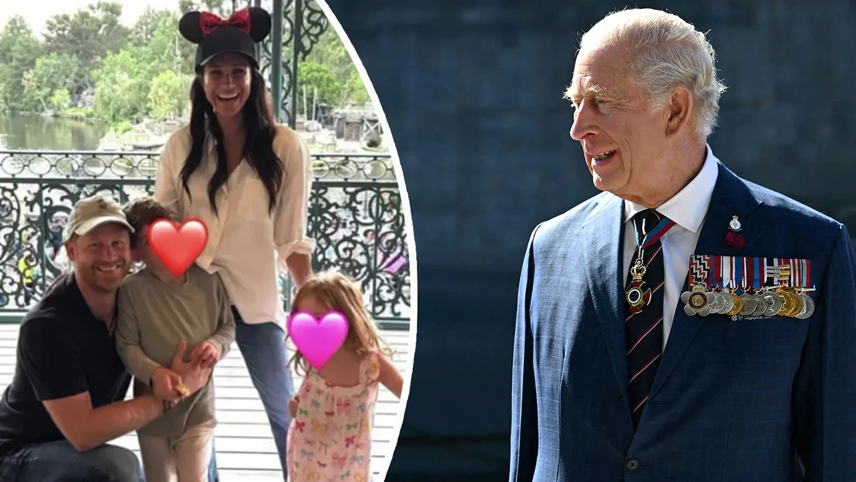 König Charles, Prinz Harry und Meghan mit ihren beiden Kindern.