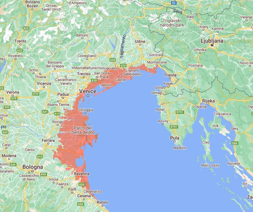 Simulation für 2030: Weite Teile der Oberen Adria liegen unter dem Hochwasserpegel.