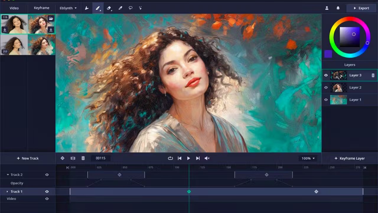 Rechts sieht man die verschiedenen Ebenen: Hintergrund, das Porträt und das Porträt im Ölgemälde-Stil.
