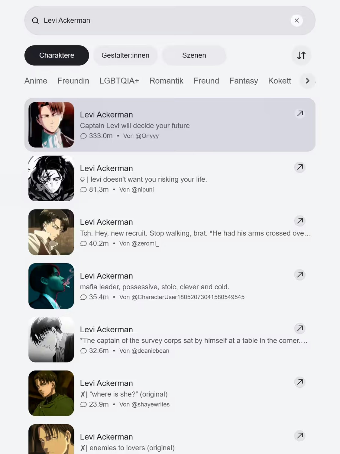 Einer der erfolgreichsten Chatbots: Der fiktive Charakter Levi Ackerman vom Anime/Manga "Attack on Titan". Mit ihm wurden bereits fast eine halbe Milliarde Chats geführt.