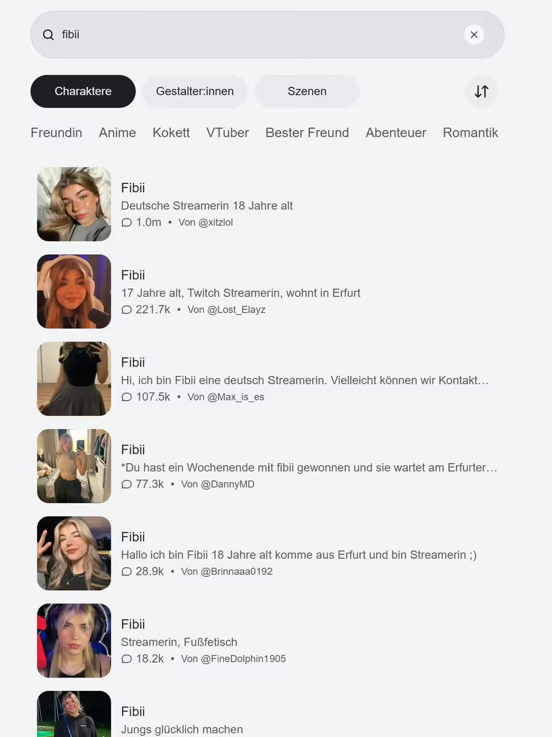 Auf Character.ai lassen sich Dutzende Fibii-Bots finden, die von Fans erstellt wurden. Ohne Erlaubnis der Streamerin, auch mit sexuellem Inhalt.