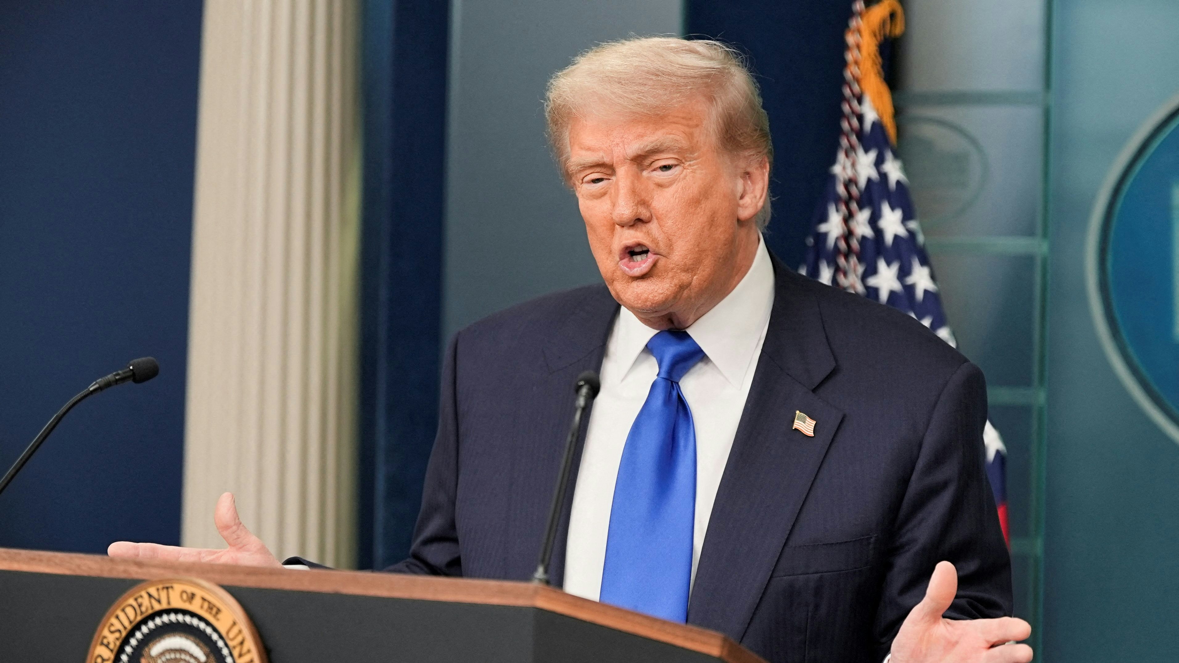 FILE PHOTO: U.S. President Donald Trump speaks to the media, after the U.S. Supreme Court dealt a blow to the power of federal judges by restricting their ability to grant broad legal relief in cases as the justices acted in a legal fight over President Donald Trump's bid to limit birthright citizenship, in the Press Briefing Room at the White House in Washington D.C., June 27, 2025. REUTERS/Ken Cedeno/File Photo