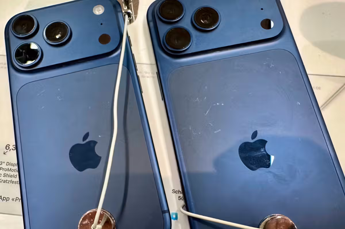 Insbesondere das neue iPhone 17 Pro zeigt noch im Laden Kratzer-ähnliche Beschädigungen.