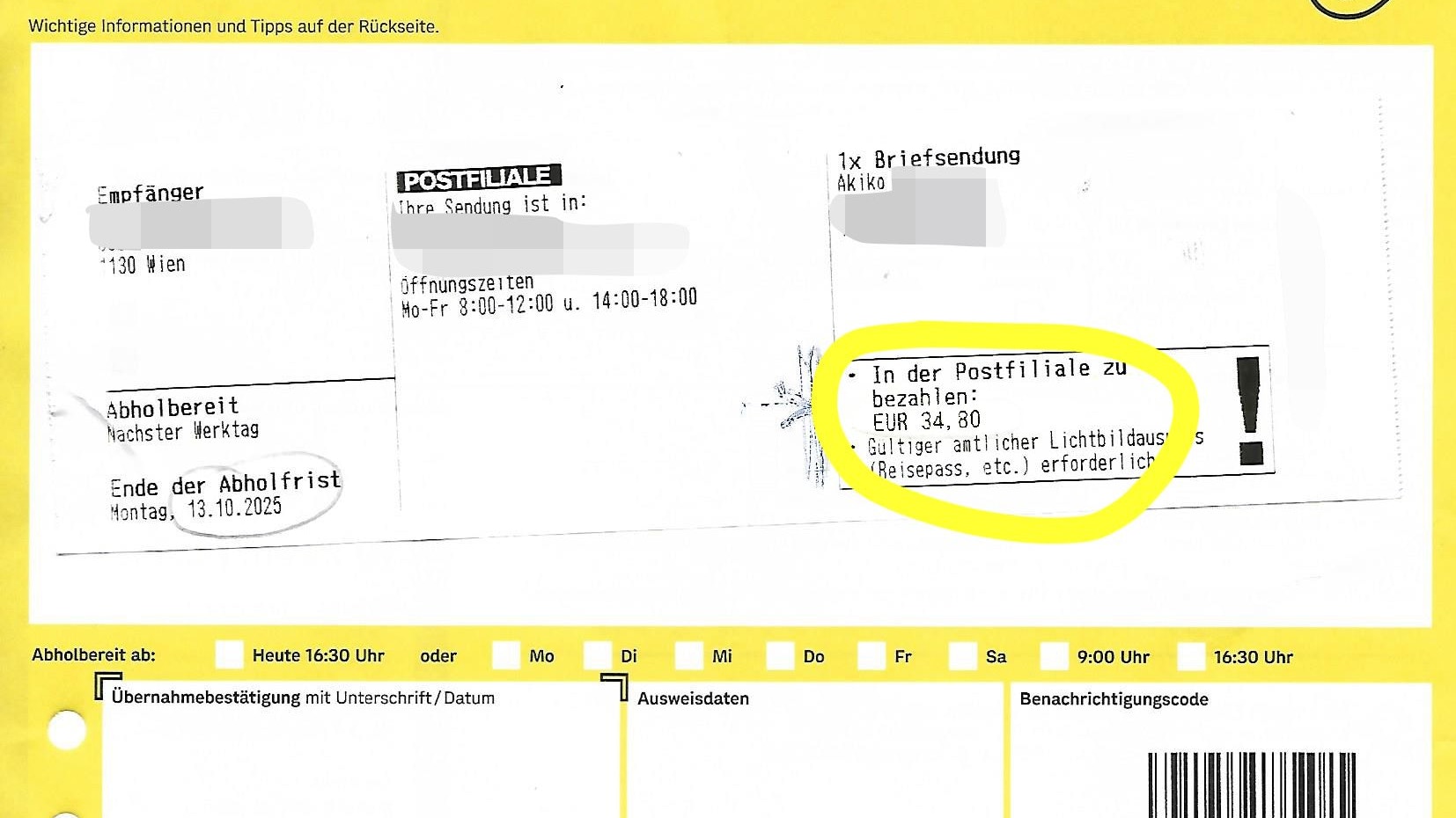 Wienerin sollte 34,80 Euro für eine Geburtstagskarte aus Japan zahlen.