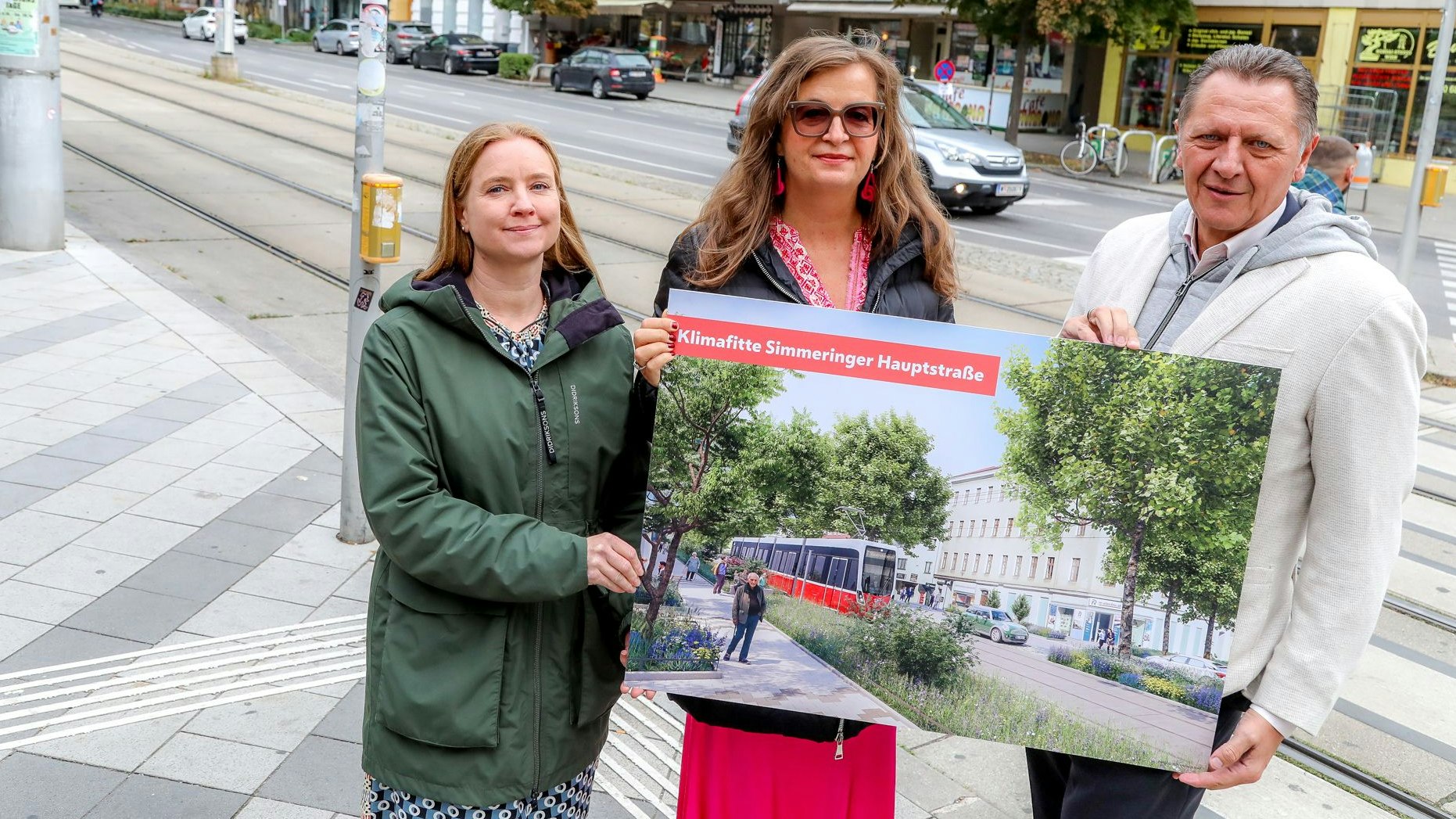 Neos-Mobilitätssprecherin Angelika Pipal-Leixner, Planungsstadträtin Ulli Sima (SP); Bezirksvorsteher Thomas Steinhart (SP)