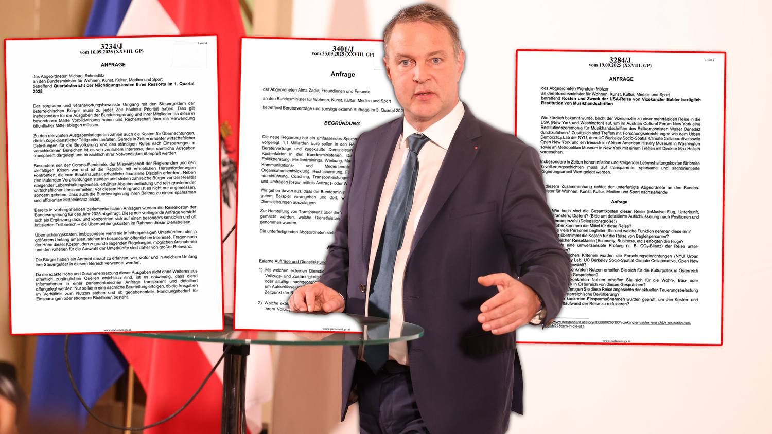 Andreas Babler im Visier der Opposition: FPÖ und Grüne haben mehrere Anfragen zu seinen Ausgaben gestellt.