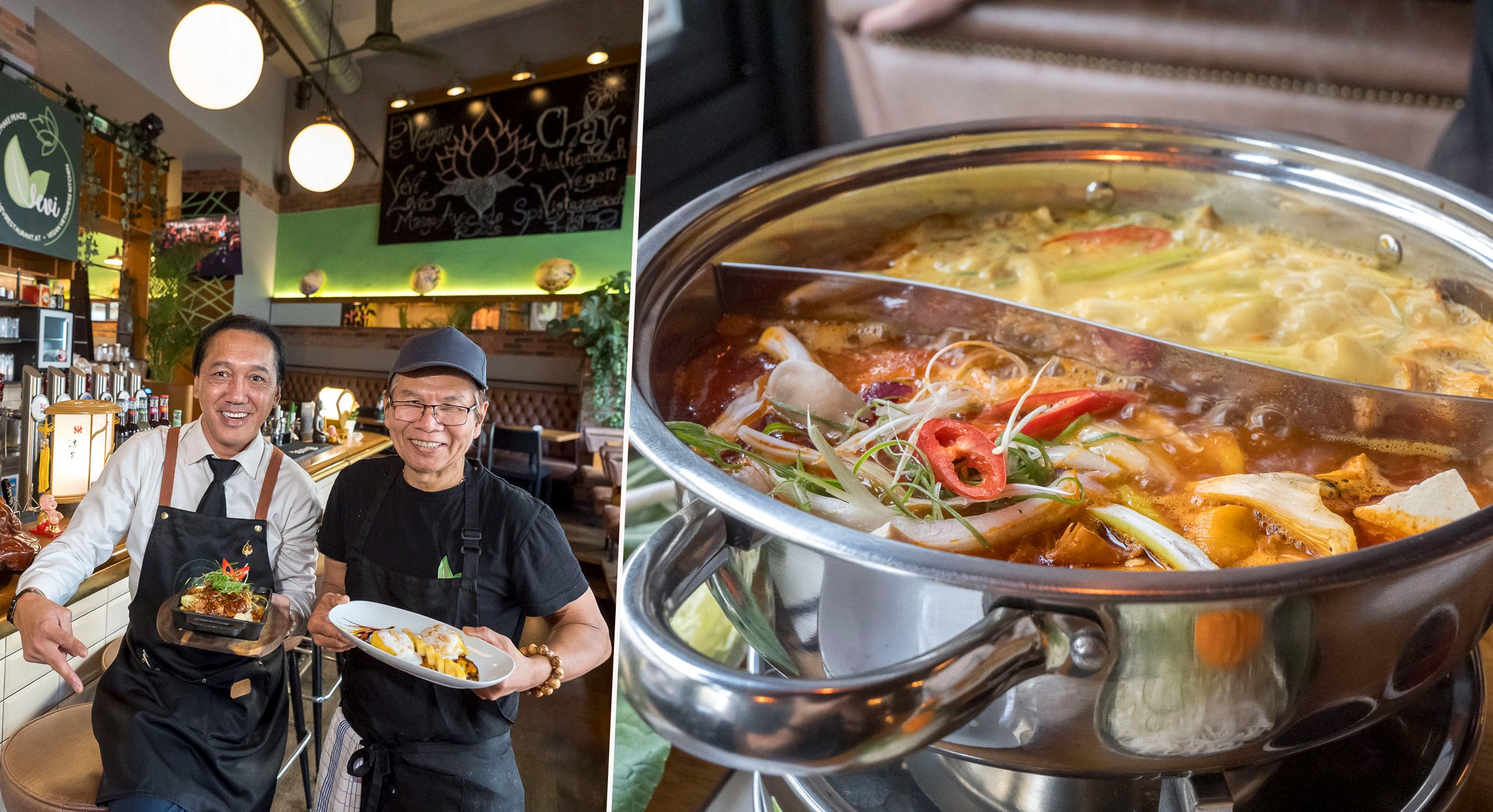 Team mit Geschmack: Betreiber Jann (links) und sein Küchenchef servieren veganen Hotpot und Sushi – schnell, frisch und 100 Prozent pflanzlich.