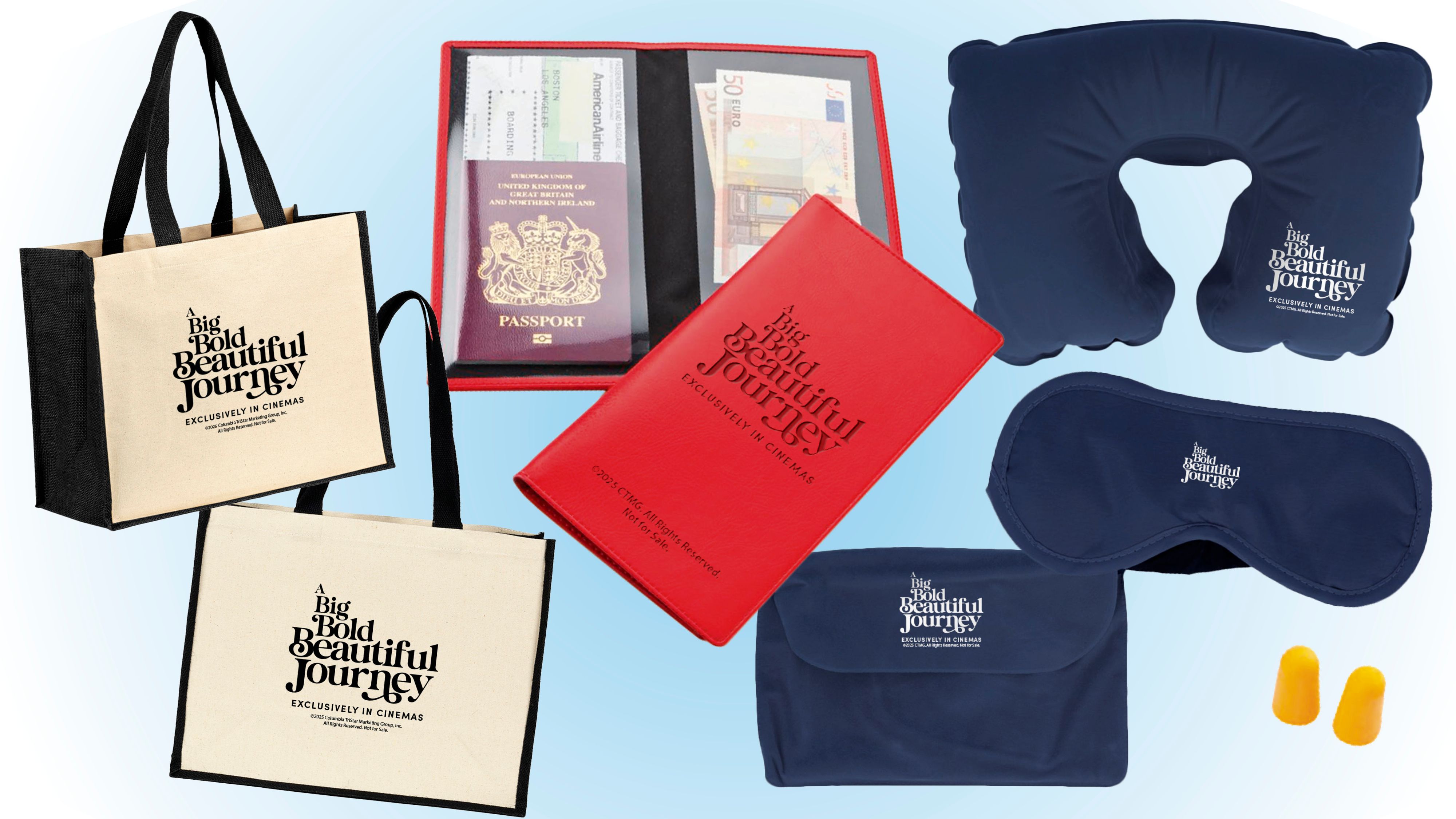 Die Goodies zu "A Big Bold Beautiful Journey": 2 Travel Wallets, 2 Travel-Sets und 2 Jute-Tote-Bags.