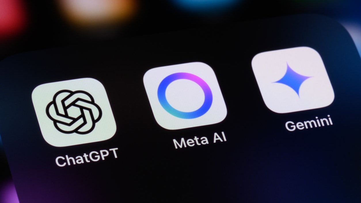 Toronto, Canada - May 9, 2025:  AI assistant apps on a smartphone - OpenAI ChatGPT, Meta AI, and Google Gemini