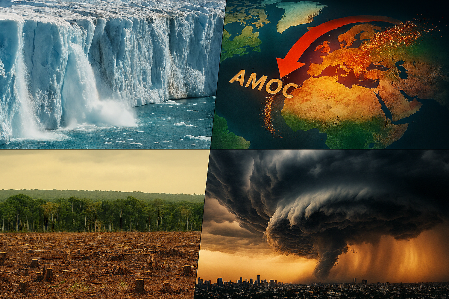 Eisschild, Atlantikströmung, Monsun und Regenwald (im Uhrzeigersinn) verlieren an Stabilität.