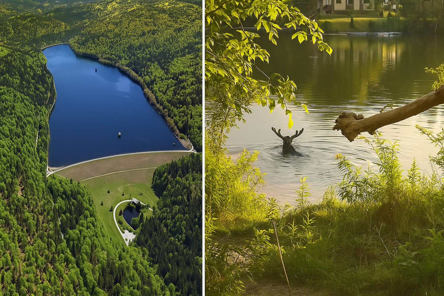 Eine Urlauberin aus Berlin hat Elch Emil in diesem See (li.) entdeckt. Auch in Österreich schwamm Emil durch mehrere Gewässer (re.)