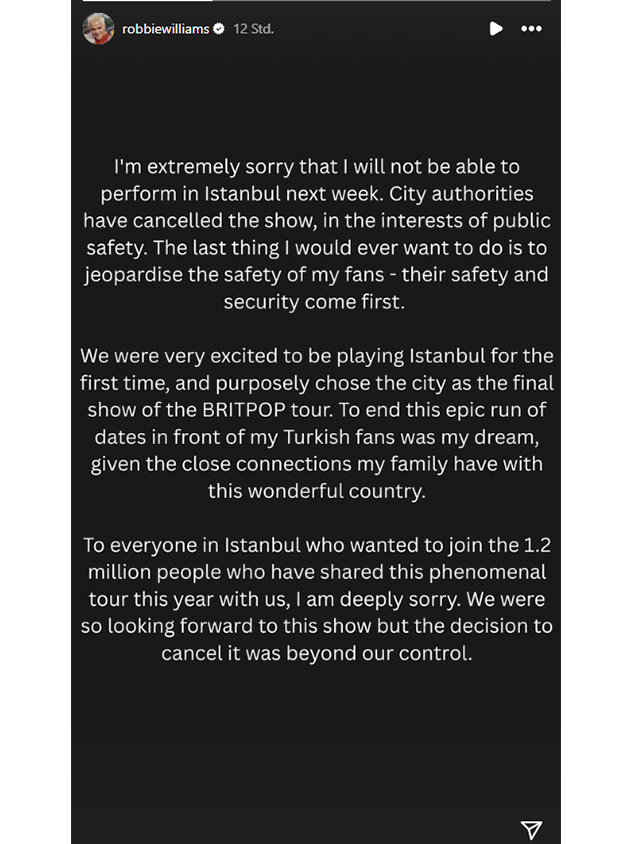Robbie Williams erklärt die Konzert-Absage per Instagram.