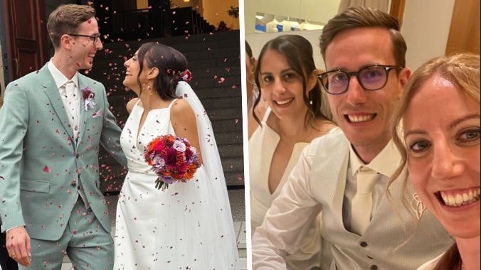 Teresa Stadlober (r.) teilt ein Selfie mit dem glücklichen Ehepaar, Bruder Luis und seine Frau Vanessa.