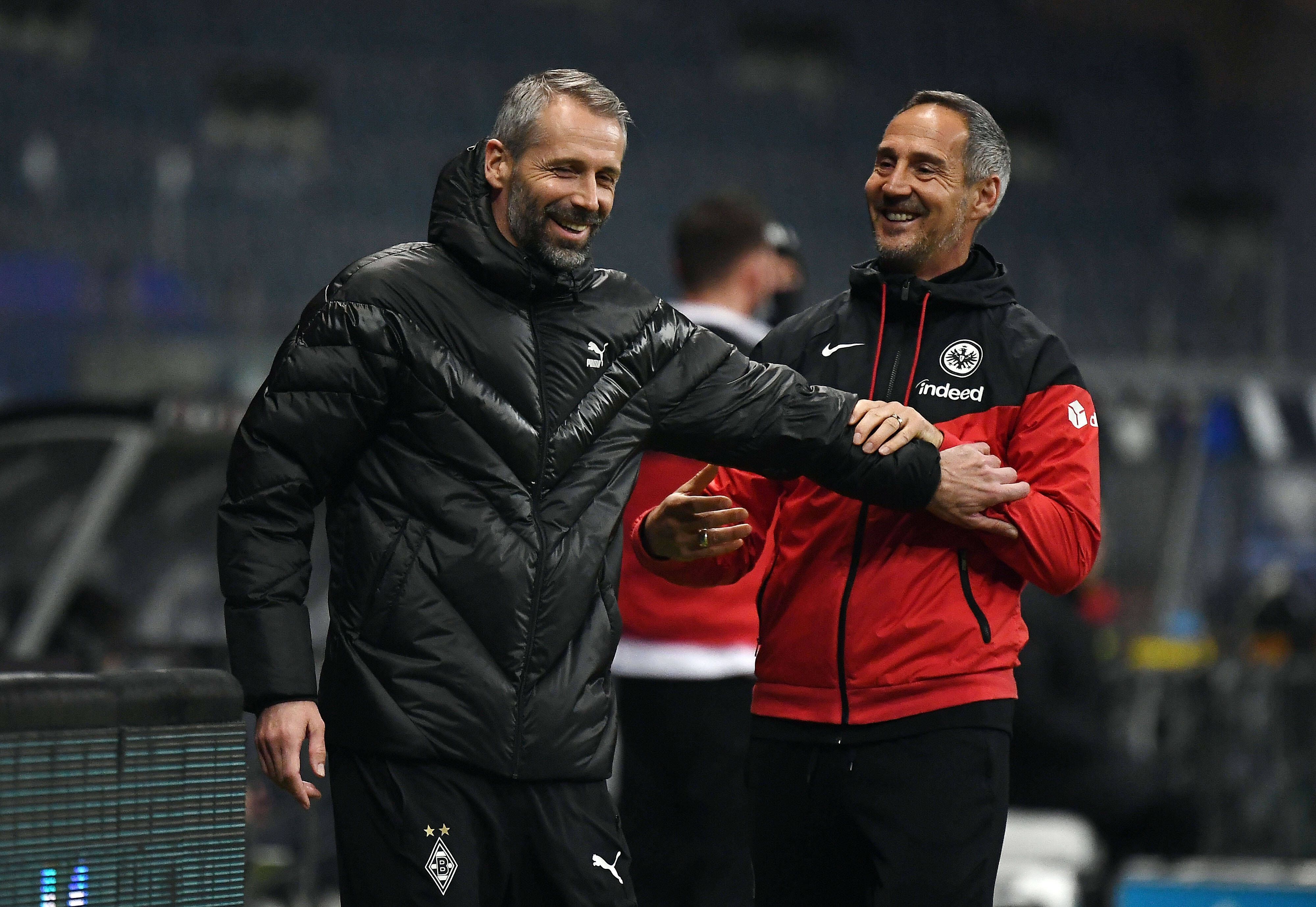 Marco Rose (l., damals bei Gladbach) und Adi Hütter (r., damals bei Frankfurt) kennen sich bestens aus der deutschen Bundesliga.