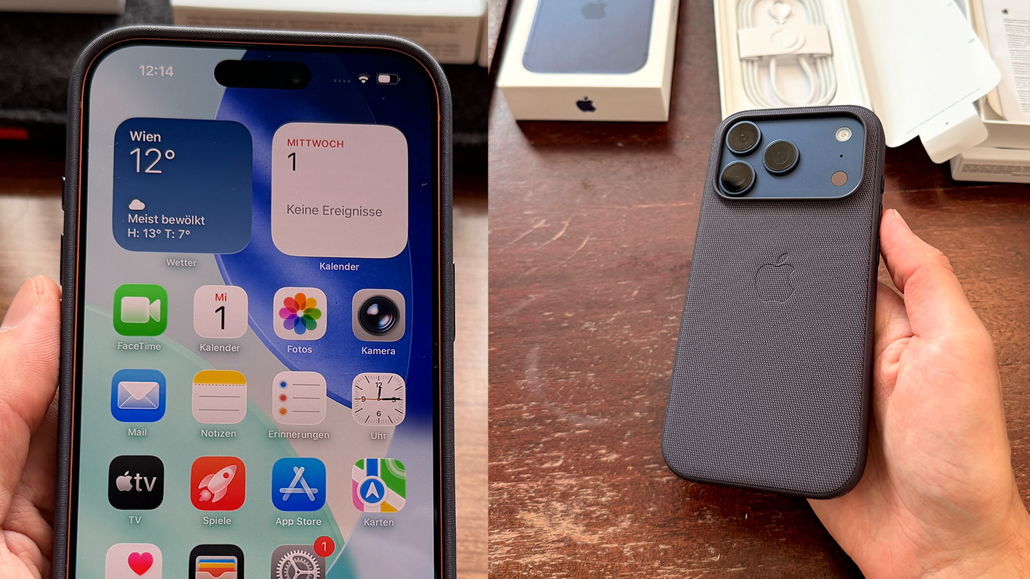 Links die Problematik am Beispiel eines orangen iPhones mit dunkelviolettem Case (ein oranger Rand scheint durch). Deshalb die Farben lieber abstimmen (rechts).