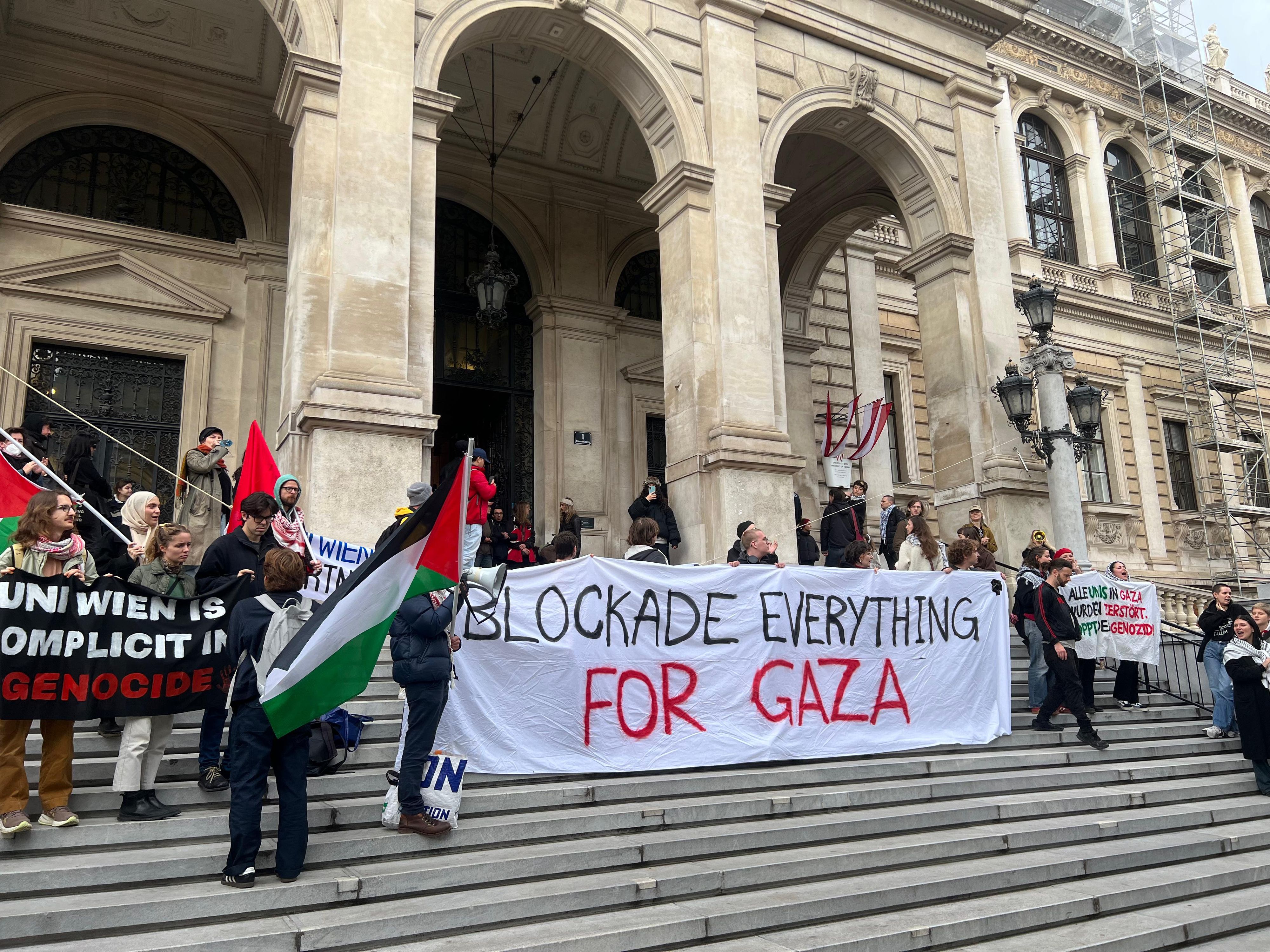 Gaza-Aktivisten stehen vor dem Haupteingang der Uni Wien.