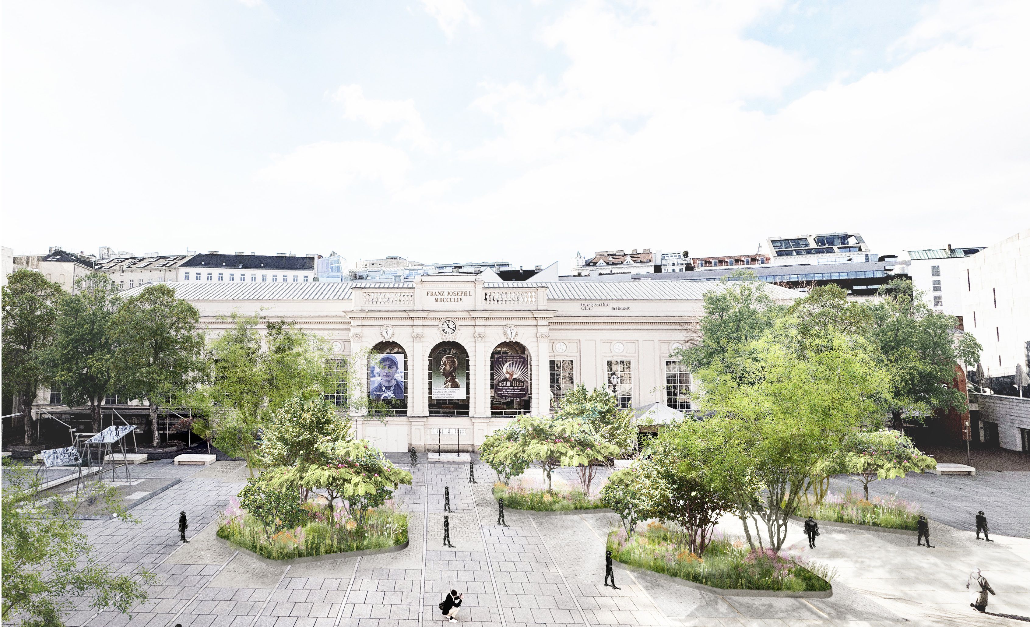 So soll der MQ-Haupthof bald aussehen: Vier grüne Staudeninseln mit klimaresistenten Bäumen und Gräsern verwandeln das Areal in eine kühle Stadt-Oase.