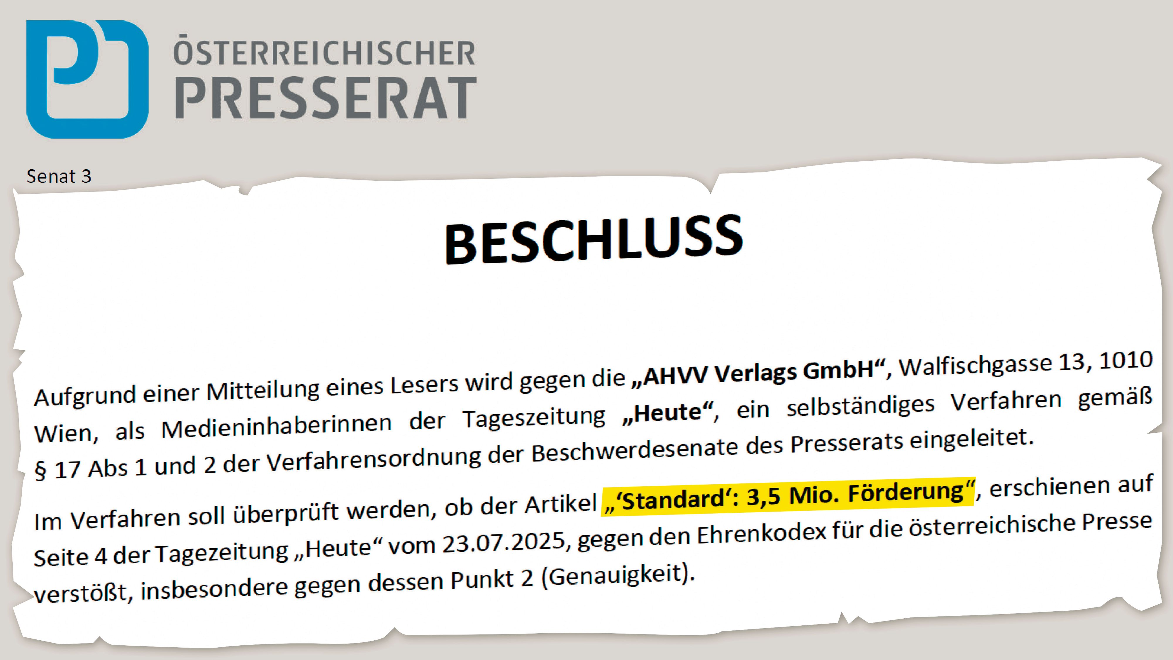 Causa "Standard": Der Senat 3 des Presserats führt ein Verfahren gegen "Heute".