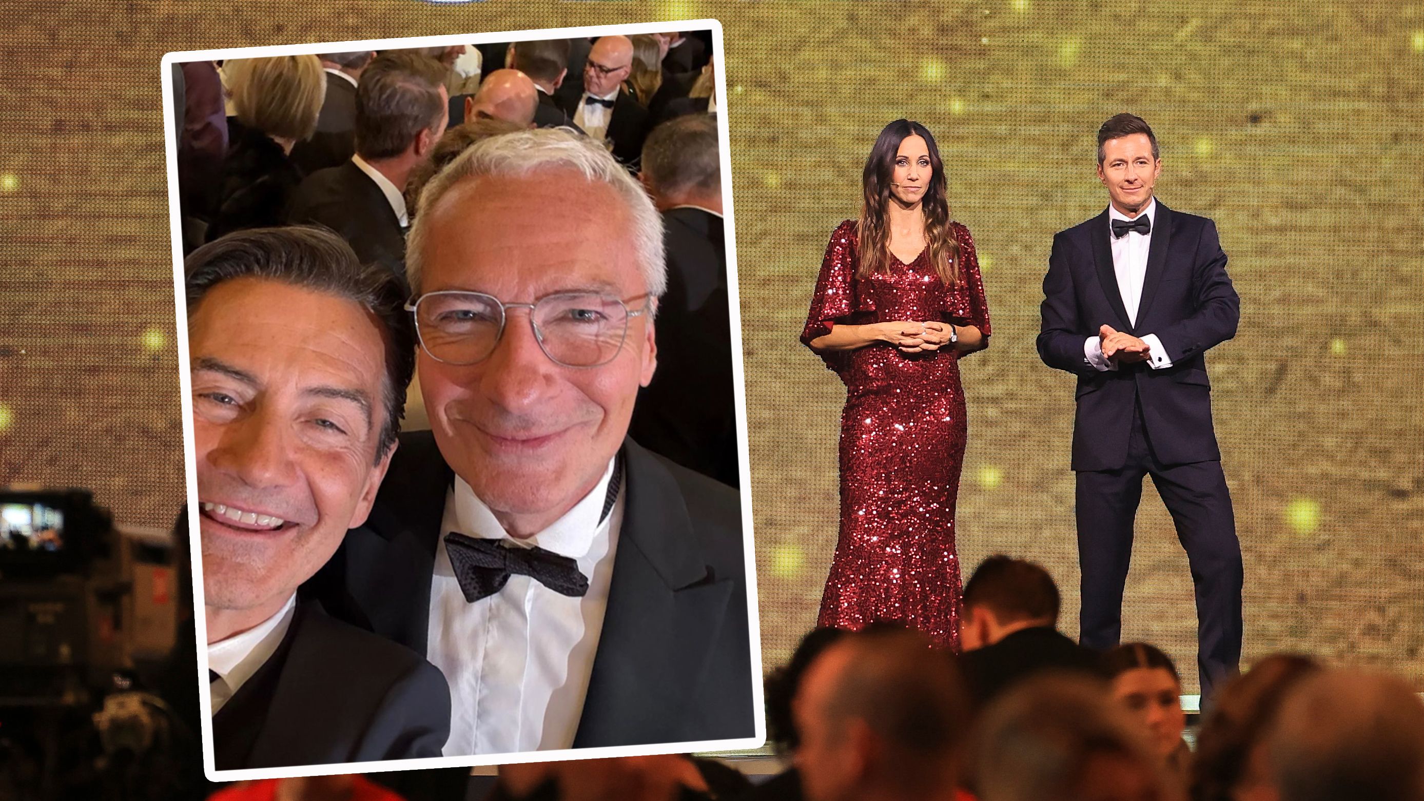 ORF-Generaldirektor Roland Weißmann lächelt mit Rainer Pariasek in die Kamera. Die Gala durften andere moderieren: Karina Toth und Lukas Schweighofer.