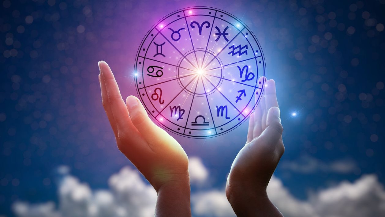 Zodiac signs inside of horoscope circle. Astrology in the sky with many stars and moons  astrology and horoscopes concept