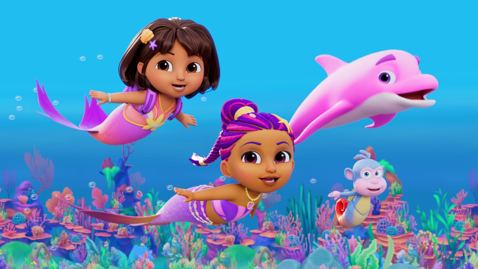 (v.l.) Dora, Marisol, Delfindame Rosa und Boots.