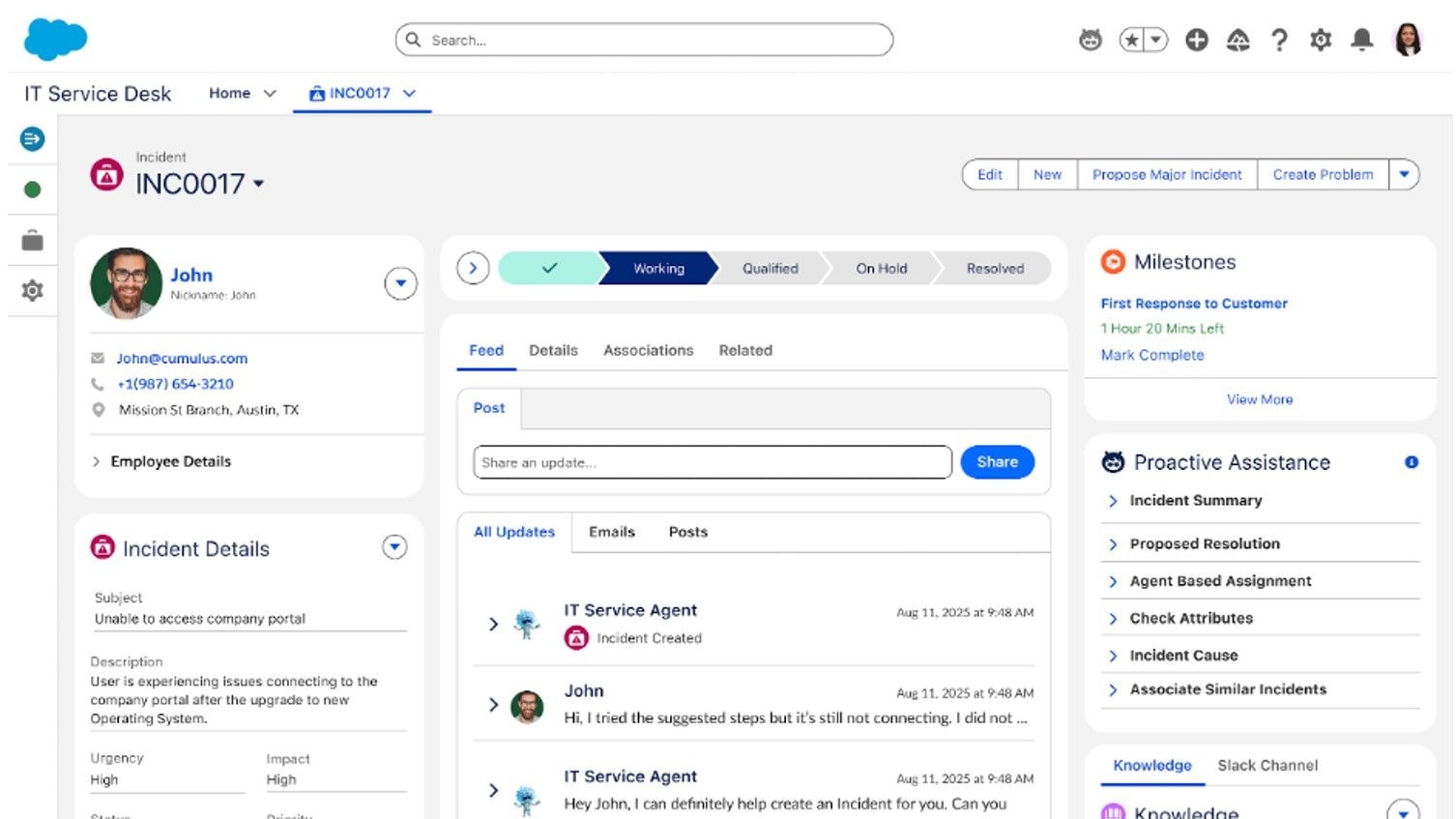 Der IT Service Desk ist ein Workspace mit integrierter KI und KI-Agenten, Produktivitätstools sowie Wissensquellen zur Zusammenfassung, Erkennung und Lösung von Vorfällen. 