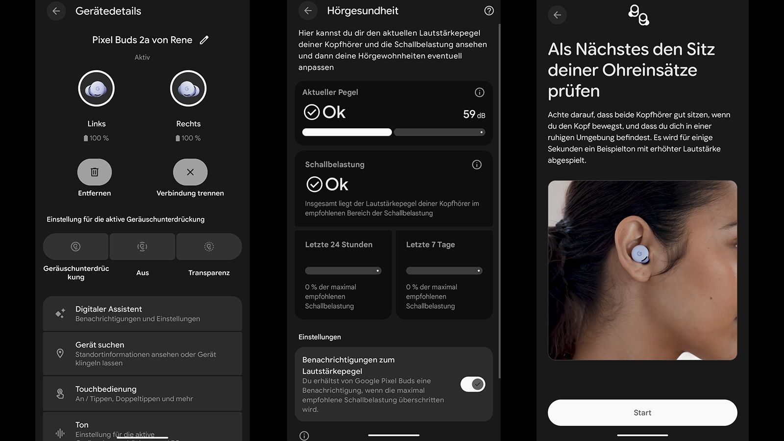 Bedienungsanpassung, Hörgesundheit, Equalizer, Passtest, Geräteortung: Die Pixel-Buds-App ist aufgeräumt und übersichtlich.