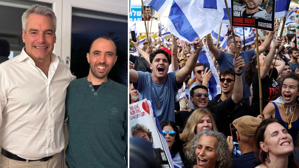 Unendliche Freude in Israel nach Freilassung. Ex-Geisel Tal Shoham (er ist auch Österreicher) mit Ex-Kanzler Nehammer.