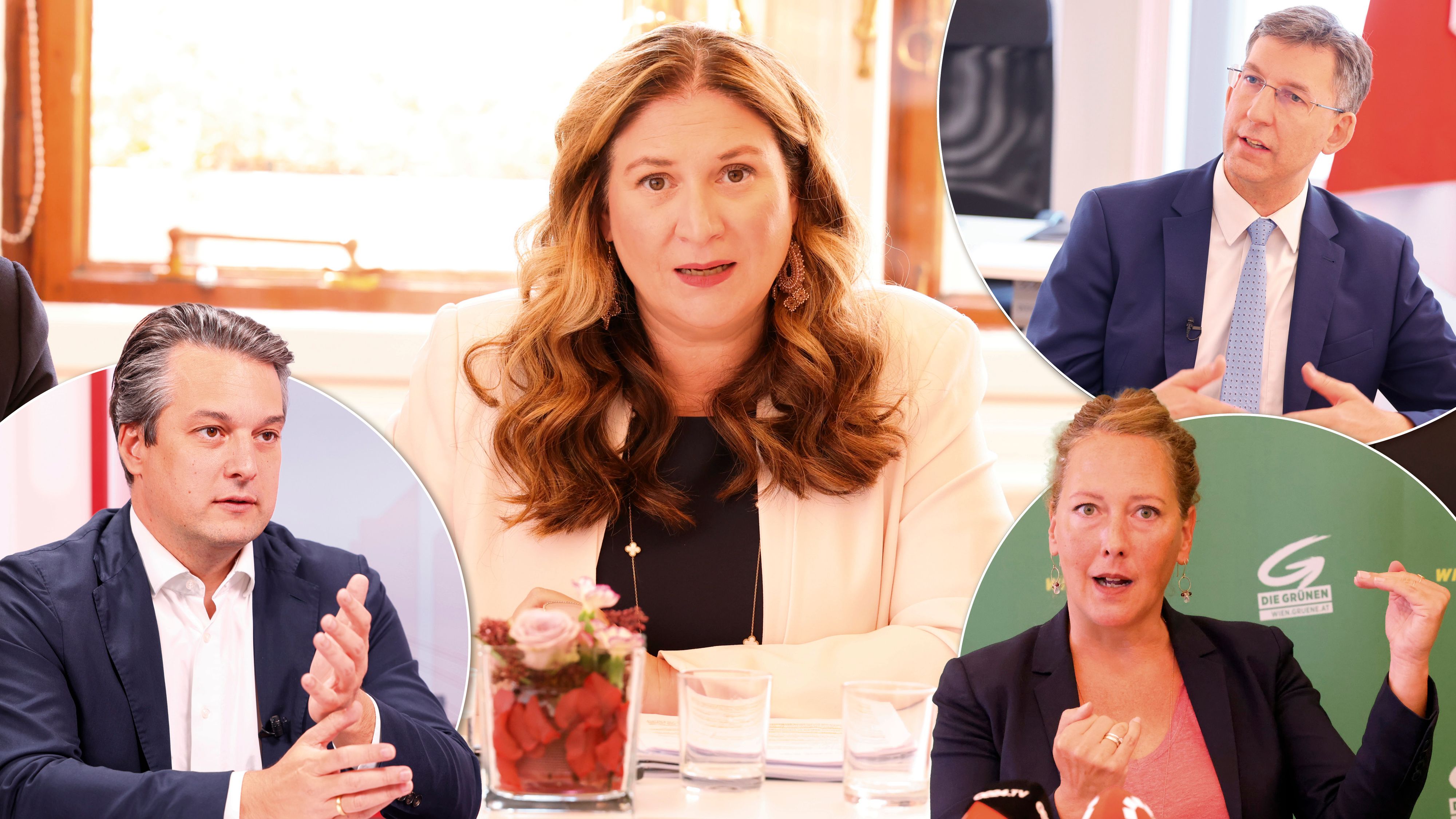 Stadträtin Novak (mitte) präsentierte Budgetplan. FPÖ-Nepp (li.), ÖVP-Figl (rechts oben) und Grüne-Pühringer üben mehrheitlich Kritik.