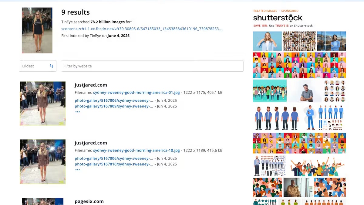Auch die Tineye-Suche führt zu Fotos, die Sweeney in der gesuchten Pose, vor dem gesuchten Hintergrund zeigen. Auch hier trägt die Schauspielerin ein anderes Outfit.