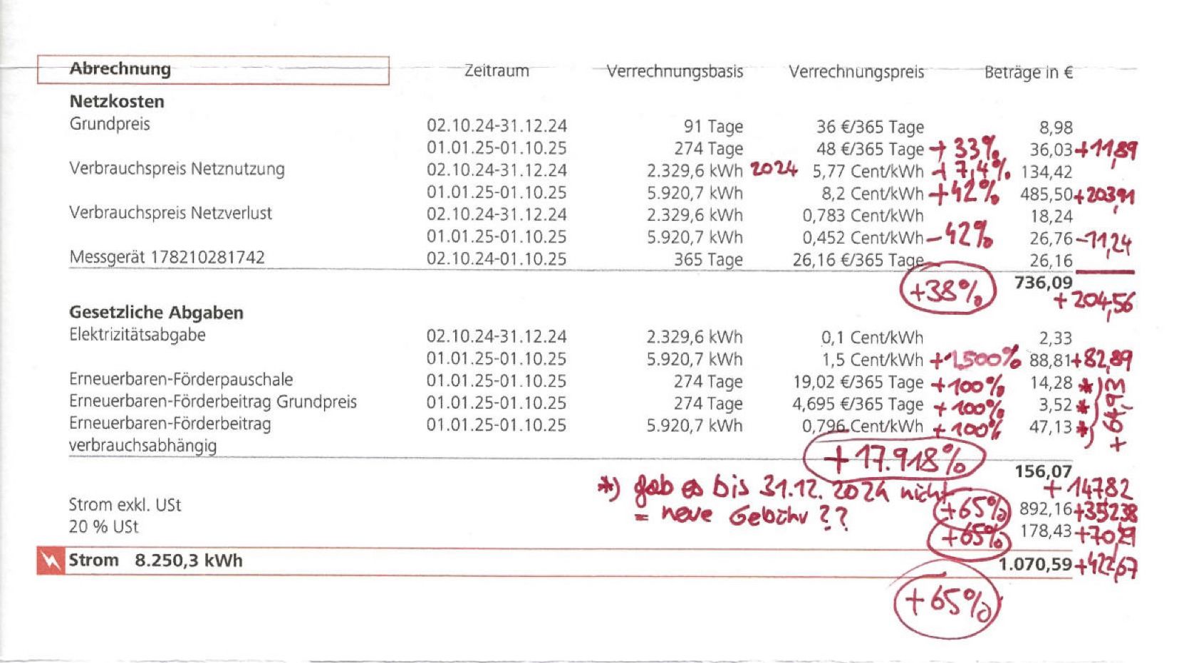 Detail der Jahresabrechnung von Herbert M. mit handschriftlichen Anmerkungen.