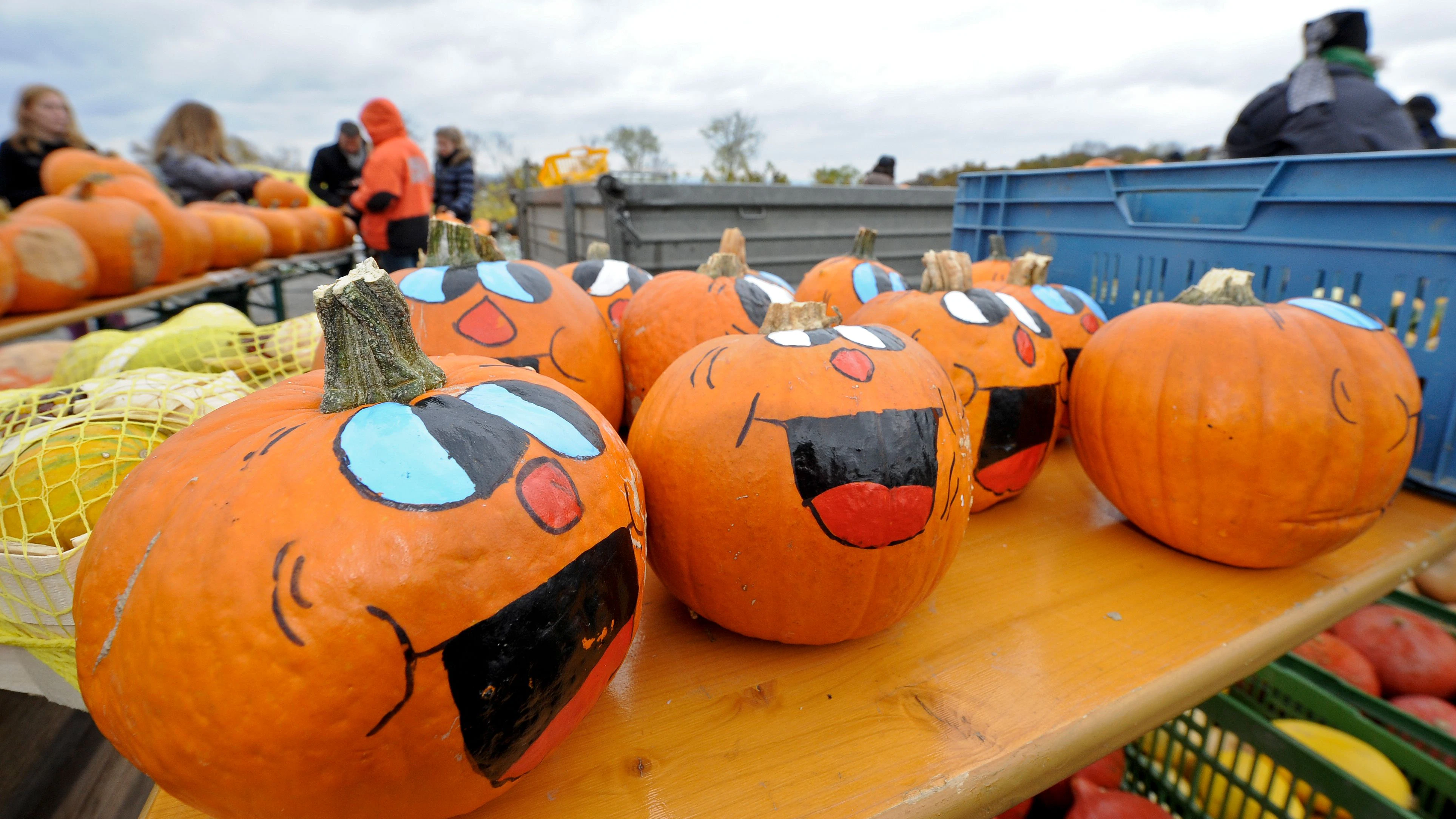 Besucher eines Kürbisfestes am Himmel in Wien. Vor allem Kinder nutzen die Tage vor Halloween um Kürbisse zu schnitzen und zu bemalen.