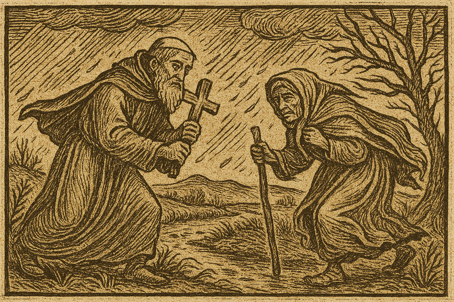 Mönch Gallus und Armenhelferin Hedwig verheißen kein angenehmes Wetter.