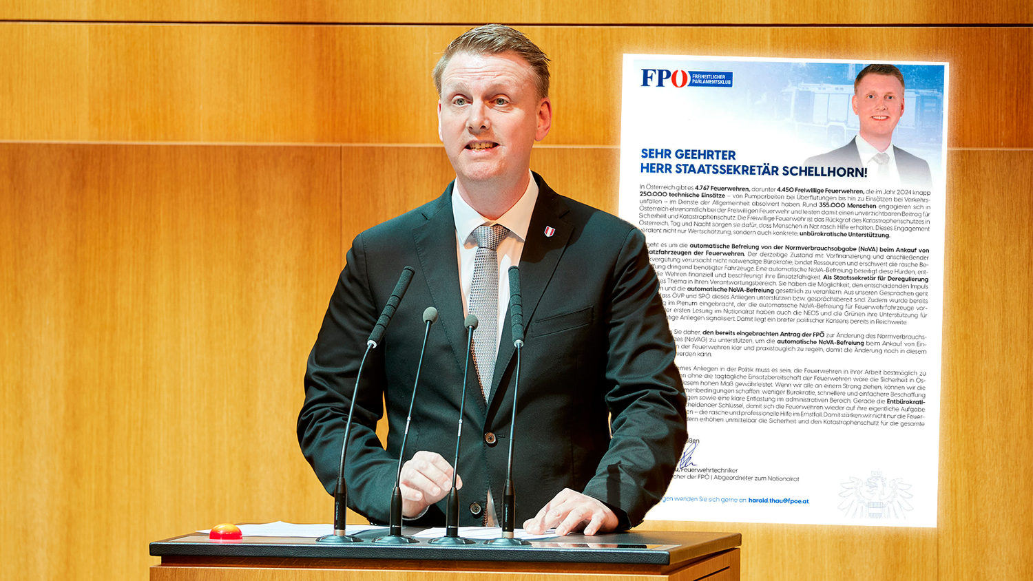 Harald Thau (FPÖ) will, dass die NoVA bei Feuerwehren nicht nur rückvergütet wird, sondern gar nicht erst bezahlt werden muss.