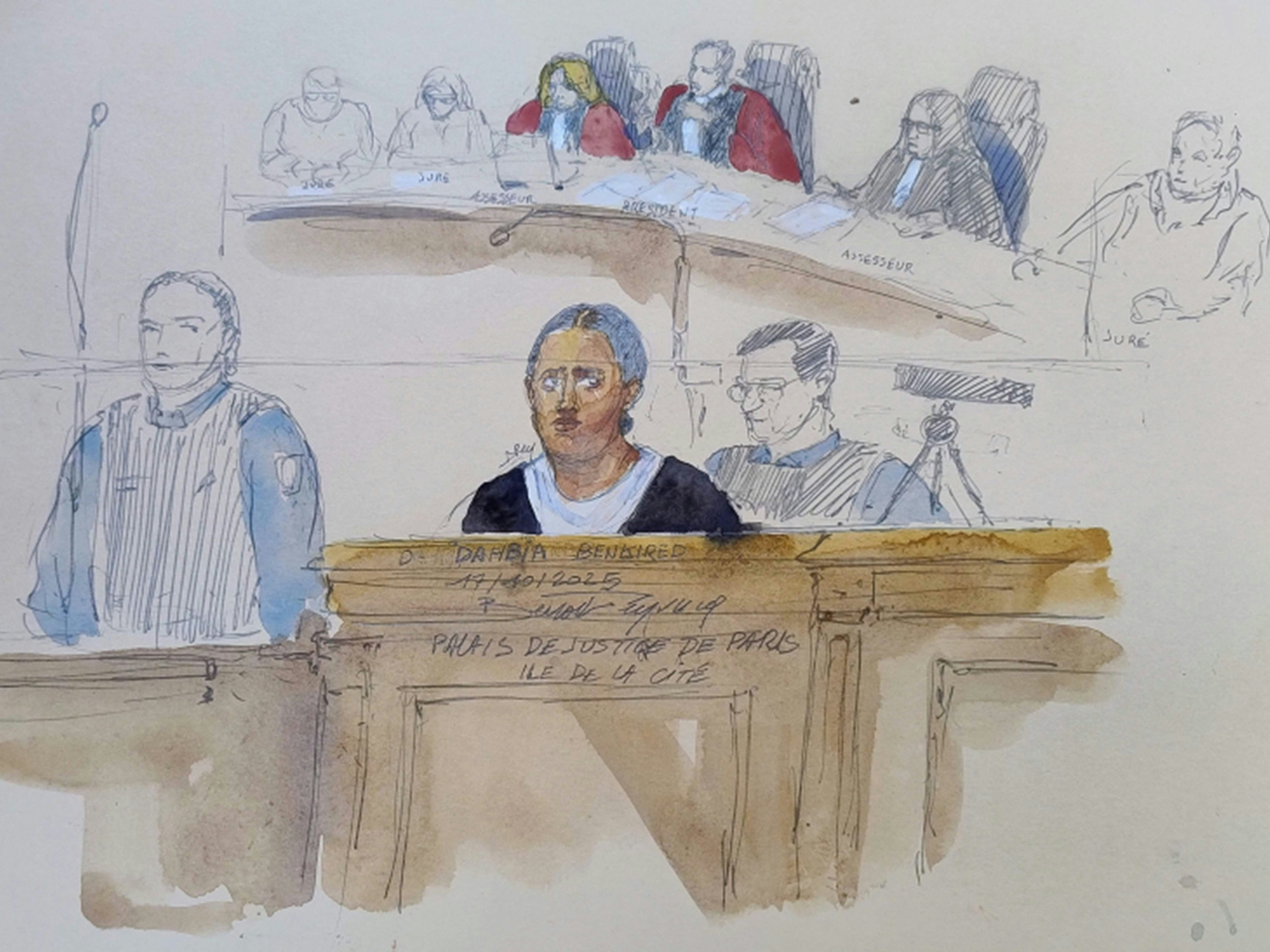 Eine Gerichtsskizze zeigt die Angeklagte im Mordfall Lola in Paris, 17. Oktober 2025.