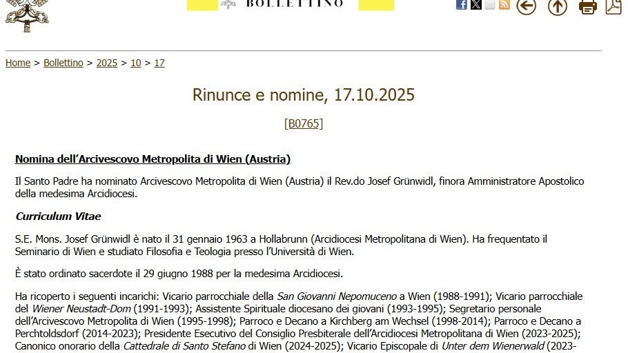 Das offizielle Dokument des Vatikans, mit dem Grünwidl als Erzbischof von Wien bestätigt wird.
