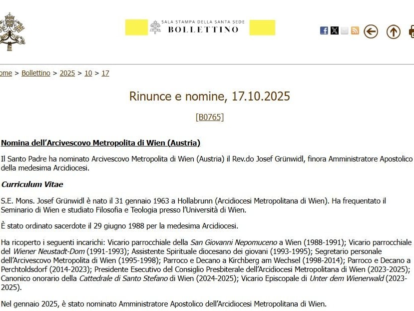 Das offizielle Dokument des Vatikans, mit dem Grünwidl als Erzbischof von Wien bestätigt wird.